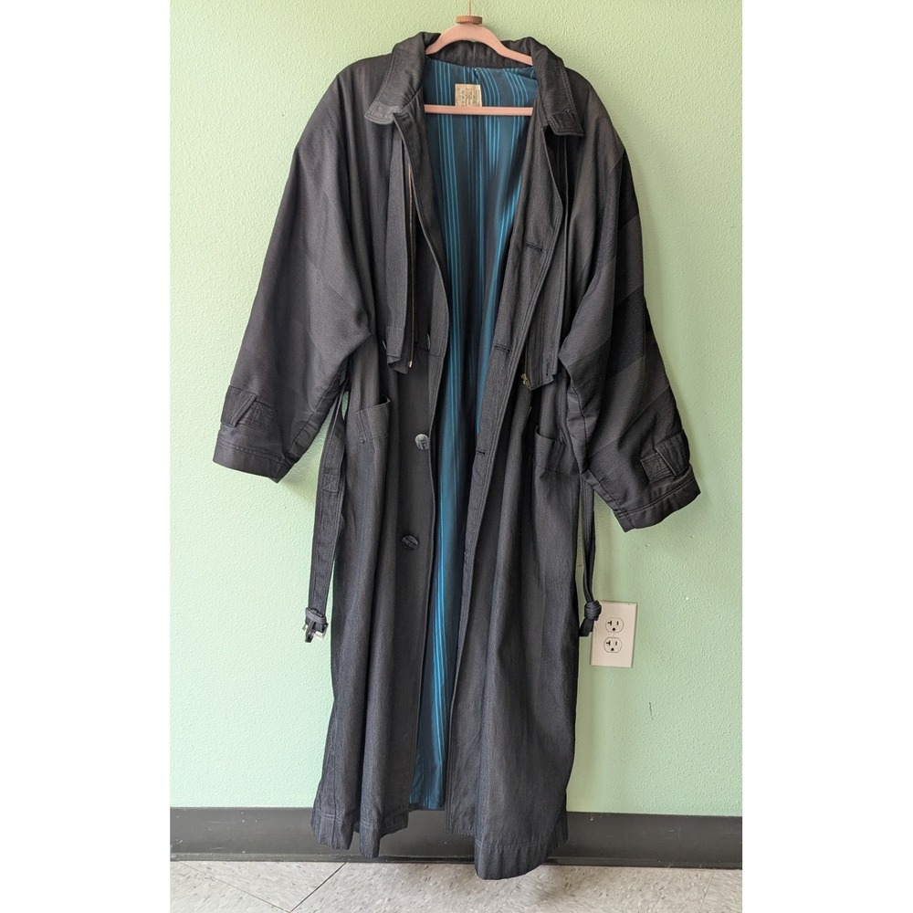 Vintage Arrston Volaju Kohshin Satoh Trench Coat Grey Teal Lining Large 80s